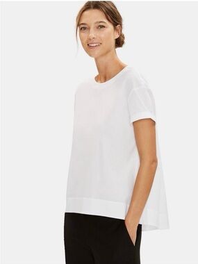 EILEEN FISHER Organic Cotton Stretch Lawn White Round Neck Boxy Top NEW Small